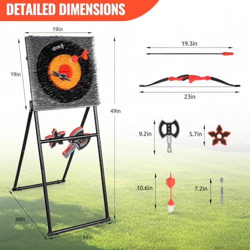 SPOYNAL 5 in 1 Steel Axe Throwing Target Set, Outdoor Target Game with Axes, Throwing Stars, Darts, Lawn Darts, Bow & Arrows, Foldable Steel Frame, Yard Games for Adults, Backyard & Camping