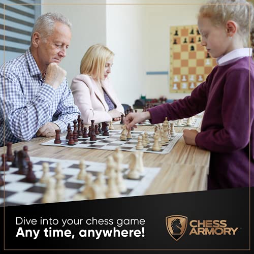 Chess Armory Roll Up Chess Set - 17" On-The-go Travel Chess Set - Vinyl Roll Up Portable Chess Board & 2 Extra Queens - Light and Mobile Chess Set - Play Chess Anywhere, Anytime! - size: 17" Vinyl