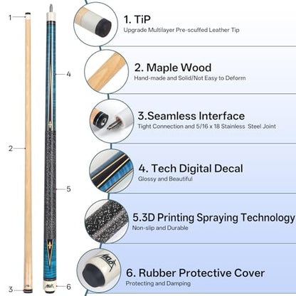 AKLOT Pool Cue Stick 58'', Canadian Maple Pro Billiard Cue &13mm Leather Tip, Anti-Slip Grip, 18/19/20/21oz Billiard Pool Stick for Adults/Beginner/Pro Player - color: Blue with Wrapped Grip