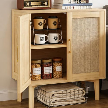 Buffet Sideboard Storage Cabinet with Rattan Decor Doors Solid Wood Feet, Multifunctional Accent Unit with Spacious Tabletop and Inner Shelves for Dining Room Kitchen - Easy Assembly