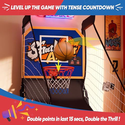 Basketball Arcade Shot Creator Indoor Foldable Electronic Shootout Sport Official Home Shot Basketball with 3 Balls, Blue Yellow