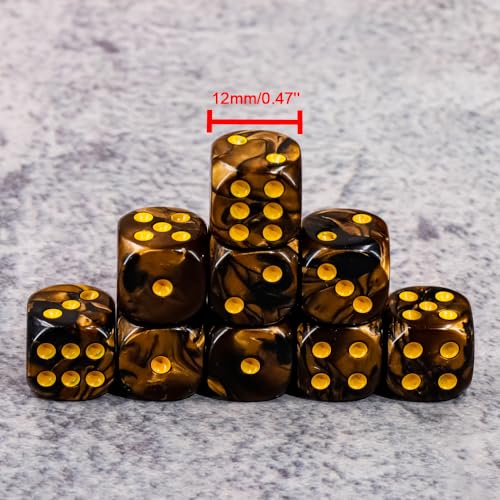 36 of Pack 12MM 6 Sided Dice Set,Two Colours D6 Game Dice Set, 6 Sided Standard Dices for Yahtzee, Bunco,with Portable Plastic Box(Golden+Black) - color: Golden Black Swirl