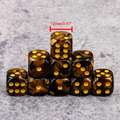 36 of Pack 12MM 6 Sided Dice Set,Two Colours D6 Game Dice Set, 6 Sided Standard Dices for Yahtzee, Bunco,with Portable Plastic Box(Golden+Black) - color: Golden Black Swirl