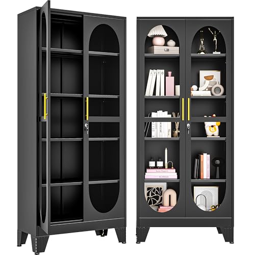 Display Cabinet with Glass Door, 71" Tall Storage Cabinet with 4 Adjustable Shelves, Metal Curio Cabinet Multi-Purpose Display Case for Collectibles Living Room/Bedroom/Kitchen/Bar - color: Black, size: 71''H
