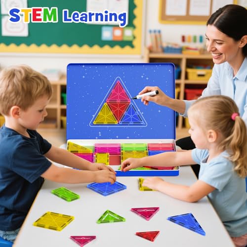 Jumbo Magnetic Tiles with Secure Metal Case, 32 Pcs Large Magnetic Building Blocks for Kids 3-8, STEM Toys for Toddlers, Preschool Learning Montessori Toys, Age 3+ Boy Girl Gift - size: Large