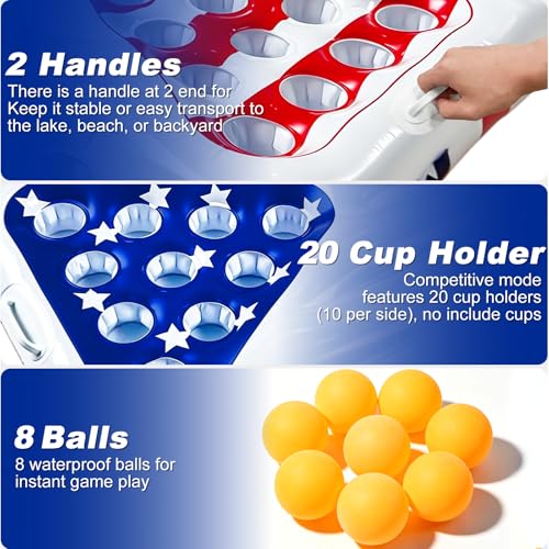 2 in 1 Patriotic Pool Float & Pong Toss Games Table with 8 Balls, 4th of July Pool Toys Game for Adults Kids Family, 6Ft x 3Ft Inflatable Floats Lounge Raft for USA 250th Anniversary (No Include Cup)