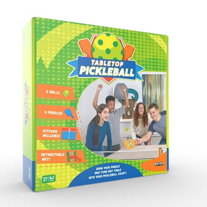 Buffalo Games Tabletop Pickleball Set - 4 Paddles & 3 Balls - Pickleball Set with Net Fits Tables up to 6 ft - Indoor Tabletop Game for Family & Friends - Kids Kit with Kitchen Zone