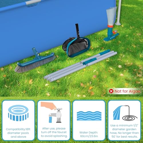 Above Ground Pool Cleaning Kit with Garden Hose Pool Vacuum, Aluminum Frame Leaf Rake Net, Wall Brush and 8Ft Pole for Remove Leaves & Debris