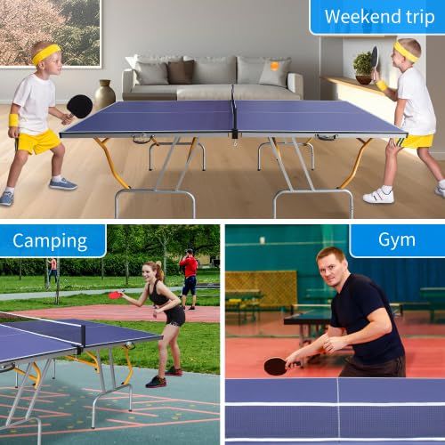 8ft Mid-Size Table Tennis Table Foldable & Portable Ping Pong Table Set for Indoor Games with Net, 2 Table Tennis Paddles and 3 Balls - style: 8ft Mid-Size Table Tennis