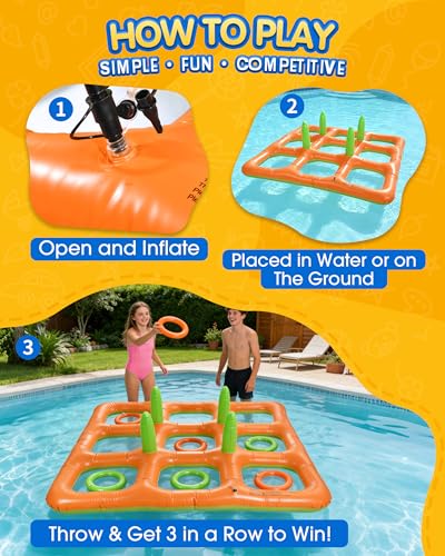 4.9FT Giant Inflatable Tic Tac Toe Pool Game – 2-in-1 Ring Toss Pool Toys for Adults Kids, Floating Summer Pool Party Games for Family, Beach, Backyard (2–10 Players)