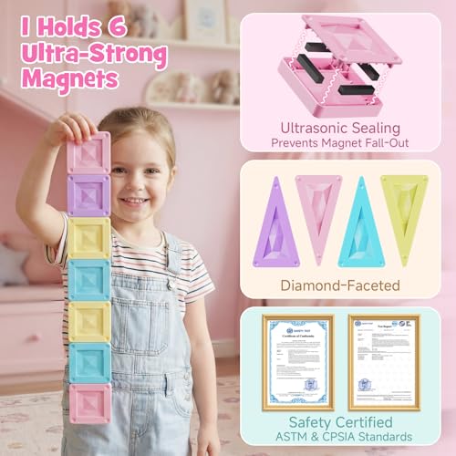 burgkidz Travel Magnetic Tiles for Girls : 40 PCS Macaron Mini Magnet Blocks with Pink Tin Box - 120 Mins Quiet Play for Airplane Car Essentials, Present for Girls Ages 3-8 Year Old