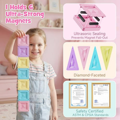 burgkidz Travel Magnetic Tiles for Girls : 40 PCS Macaron Mini Magnet Blocks with Pink Tin Box - 120 Mins Quiet Play for Airplane Car Essentials, Present for Girls Ages 3-8 Year Old