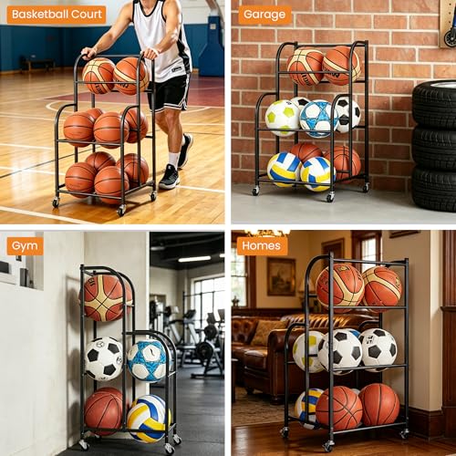 Basketball Rack with Wheels - Space-Saving Vertical Ball Storage for Basketball, Football, Soccer, Rolling Ball Rack for Garage & Outdoor, Heavy-Duty Ball Holder Organizer