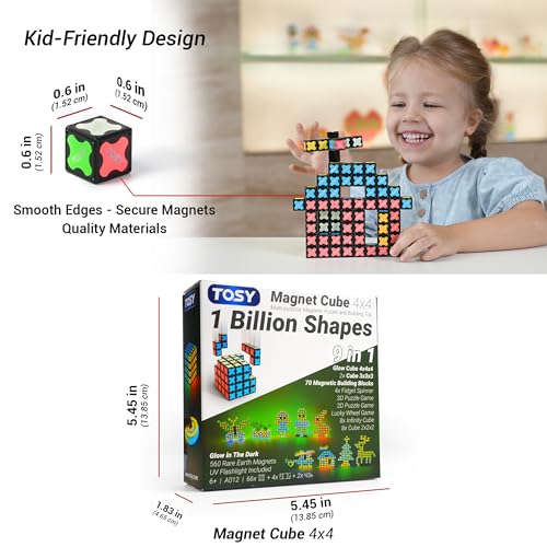 TOSY Magnet Cube 4x4 - 560 Magnets, 70 Blocks, 8 in 1 Toy: Puzzle Cube Game, Creative Building Blocks, Transformable Fidget Spinner, Infinity Cube, Magnet Tiles, UV Flashlight, Glowing STEM/STEAM Toy - color: Cube 4x4x4