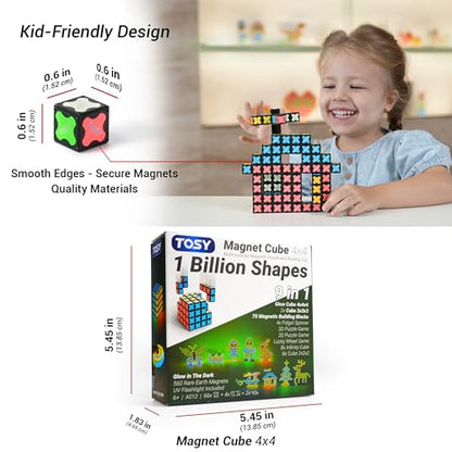 TOSY Magnet Cube 4x4 - 560 Magnets, 70 Blocks, 8 in 1 Toy: Puzzle Cube Game, Creative Building Blocks, Transformable Fidget Spinner, Infinity Cube, Magnet Tiles, UV Flashlight, Glowing STEM/STEAM Toy - color: Cube 4x4x4