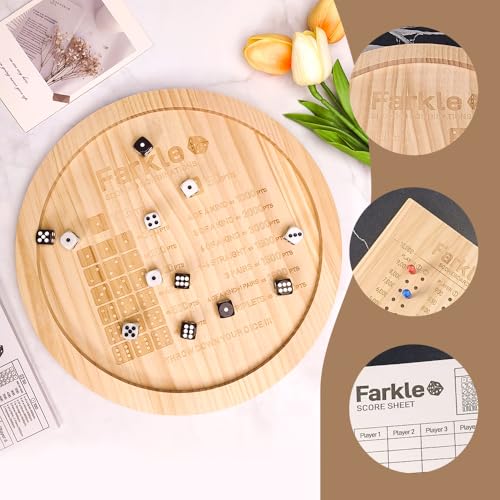 Farkle Dice Tray,Farkle Classic Dice Game with Tray,2 Sets of 6 Pearl Dice,2 Sets of 6''Wooden Scoreboard, 12 Scoring Sticks,1 Instruction Manual, 50 PCS Score Sheets,The Classic Family Game