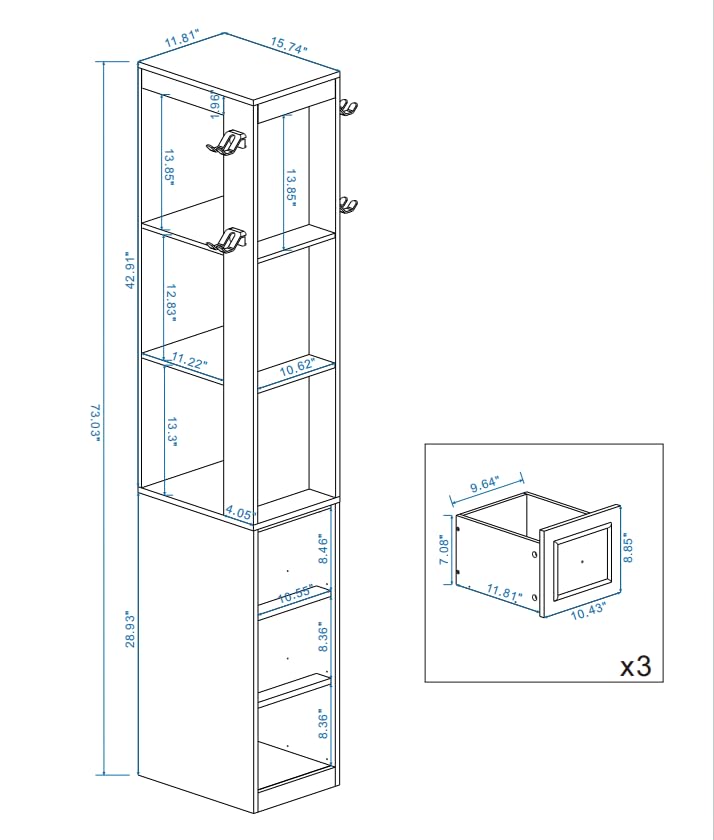 73" Tall Slim Storage Cabinet with 3 Drawers and 2 Hooks, 3-Tier Media Storage Tower for CDs DVDs Game Consoles, Narrow Bookcase Display Shelf for Living Room Bedroom Entryway, Antique White