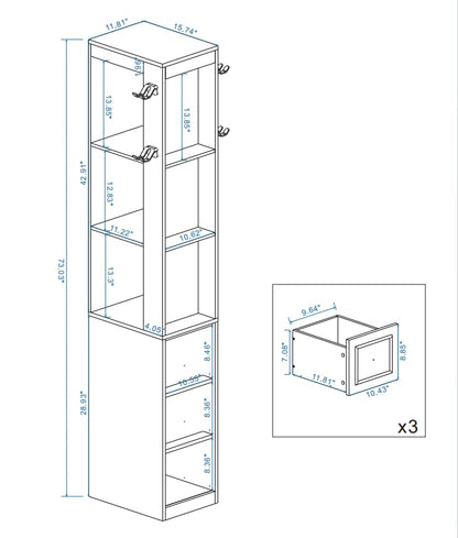 73" Tall Slim Storage Cabinet with 3 Drawers and 2 Hooks, 3-Tier Media Storage Tower for CDs DVDs Game Consoles, Narrow Bookcase Display Shelf for Living Room Bedroom Entryway, Antique White