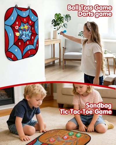 5-in-1 Bean Bag Toss Game for Kids Ages 3-8, Outdoor Cornhole Set with 3 Interchangeable Boards (Toss/Dart/Tic-Tac-Toe), Includes 8 Beanbags 6 Balls/Darts/Rings, Backyard Toys for Boys - style: Spider