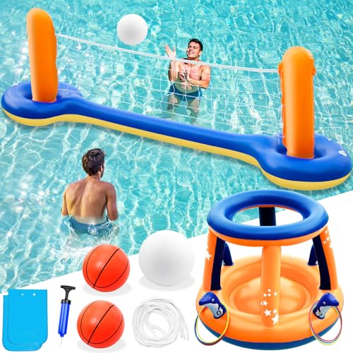 Jasonwell Pool Toys Games Set - 3 in 1 Pool Volleyball Net Basketball Hoop Ring Toss Game Inflatable Floats Water Floating Volleyball Swimming Pools Games Party Gift for Kids Adults (Orange&Blue, L) - color: Orange&blue, size: Large