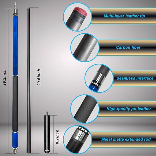 HomeSeason 58inch Carbon Fiber Pool Cue Stick with Screw-in Extension and Leather Case, 18oz Low Deflection Professional Cue Stick for Billiards, 13mm Tip - color: 19oz/Blue