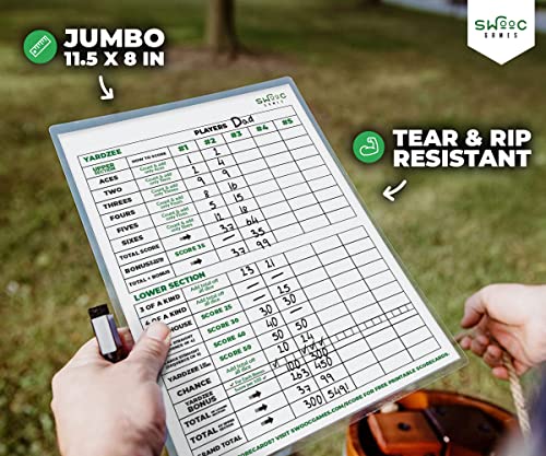 SWOOC Games® - 5 Big Premium Laminated Yardzee & Farkle Score Cards (11.5in x 8in) with Rules - Large Reusable Dry Erase Pads for Giant Outdoor Dice - style: Score Cards + Markers (5 Pack)