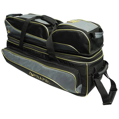 Pyramid Path Triple Tote Roller Plus Bowling Bag with Detachable Shoe Bag (Fits US Mens Size 15), Accessory and Side Pocket, Lightweight Travel Design - color: Black/Gold/Grey 24K Edition