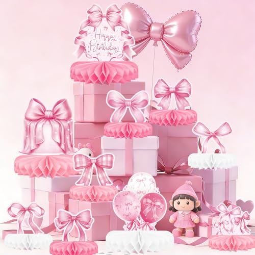 Pink Bow Birthday Decorations Set - Bow Party Decorations with Honeycomb Centerpieces & Table Centerpieces for Splendid Pink Bow Themed Party Supplies - style: pink bow