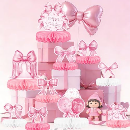 Pink Bow Birthday Decorations Set - Bow Party Decorations with Honeycomb Centerpieces & Table Centerpieces for Splendid Pink Bow Themed Party Supplies - style: pink bow