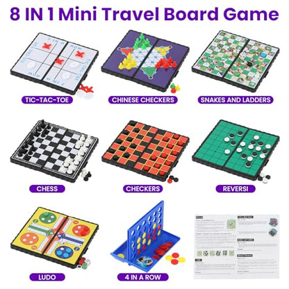 8-in-1 Mini Travel Board Games Set, Magnetic Checkers Game with Folding Magnet Board, 4 in a Row Game, 5.2'' Compact Design Ideal for Family/Road Trip/Travel/Camping Party, Included Storage Bag