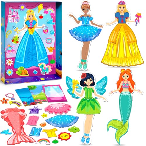 Magnetic Dress Up Dolls Girls Toys Princess Mermaid Fairy Ballerina Fridge Magnets Puzzles Toddlers 3-5 Pretend Play Car Road Trip Airplane Travel Games Activity Birthday Gift 3 4 5 6 7 8 Gilr Boy