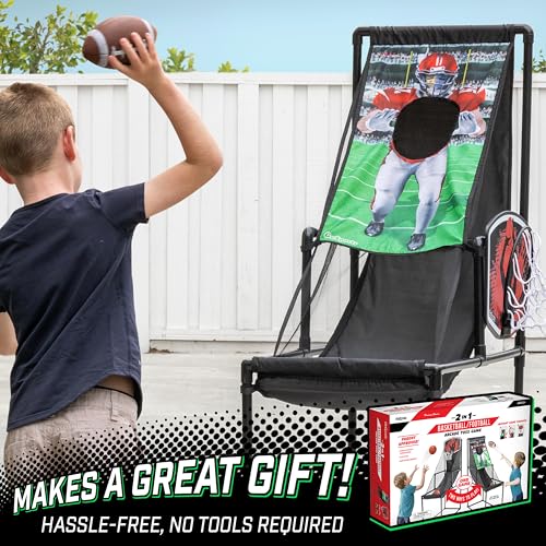 GoSports 2 in 1 Basketball and Football Toss Arcade Game for Kids Ages 3 to 8 Indoor and Outdoor Sports Toy with Hoop, Target, Balls & Pump for Backyard and Playroom Fun