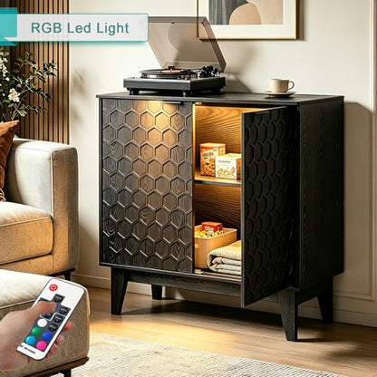 Black Sideboard Cabinet with LED Lights, 2-Door Accent Storage Cabinet with Hexagon Embossed Door, Freestanding Buffet Cabinet for Living Room, Kitchen, Entryway, 31.5" x 15.8" x 31.5"