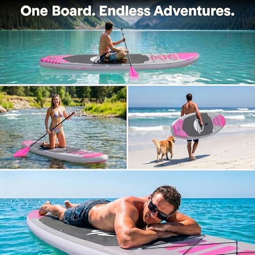 SereneLife 10’6” Inflatable Stand Up Paddle Board with Premium SUP Accessories - 32” Wide Stable Design with Non-Slip EVA Deck Pad, for Youth and Adults, 350 lbs. Capacity - color: Pink