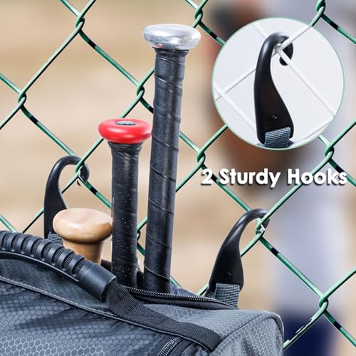 Rolling Baseball Bag With Wheels, Seperate Shoe Compartment and Fence Hook - Large Softball Bag for T-Ball - Team Equipment Duffle Bag - Catcher Gear Bag for Boys 8-12, Youth, Adults - color: Grey