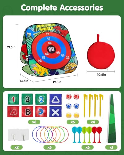 5-in-1 Bean Bag Toss Game for Kids Ages 3-8, Outdoor Cornhole Set with 3 Interchangeable Boards (Toss/Dart/Tic-Tac-Toe), Includes 8 Beanbags 6 Balls/Darts/Rings, Backyard Toys for Boys - style: Dinosaur