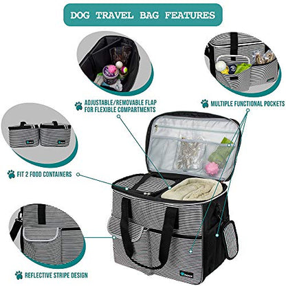 PetAmi Dog Travel Bag Organizer, Pet Travel Kit with 2 Food Containers & 2 Collapsible Dog Bowls, Pet Supplies Tote with Luggage Sleeve, Weekend Road Trip Camping Essentials, Stripe Black, Large - color: Stripe Black, size: 15.5"L x 9.5"W x 14.0"H