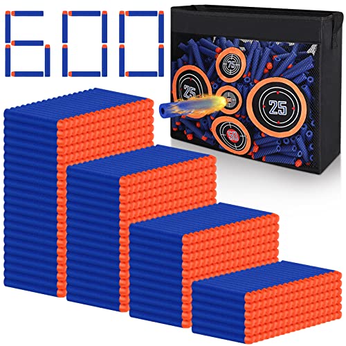 Pokiiulk 600PCS Refill Bullets Fit for Nerf Guns N-Strike Elite Series Blasters Toy Guns Darts with Portable Shooting Practice Target Toy Storage Mesh Bag - color: 600 DARTS & TARGET