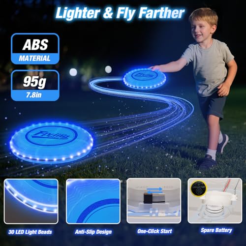 HYES 2 Pack Light up Flying Discs for Kids, Rechargeable Disc with 45 LEDs, 14 Lighting Modes(10")&Built-in Battery Disc(7.8"), Glow in The Dark Ring for Beach/Camping/Outdoor Sport - size: 2PCS: 10in + 7.8in