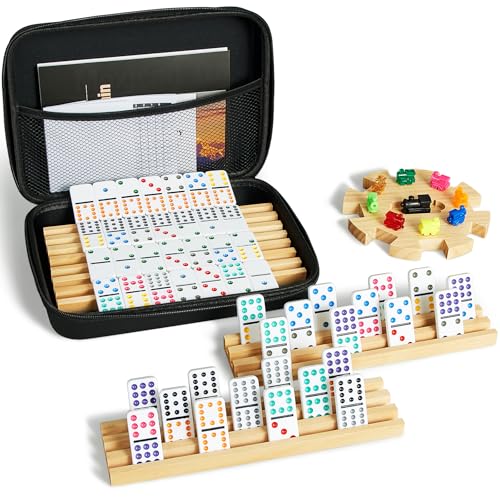 ELONGDI Mexican Train Double 12 Dominoes Set with 4 Wooden Trays/Racks in Portable Carrying Case Colorful 91 Tiles & 9 Trains Board Game for Family Game Night