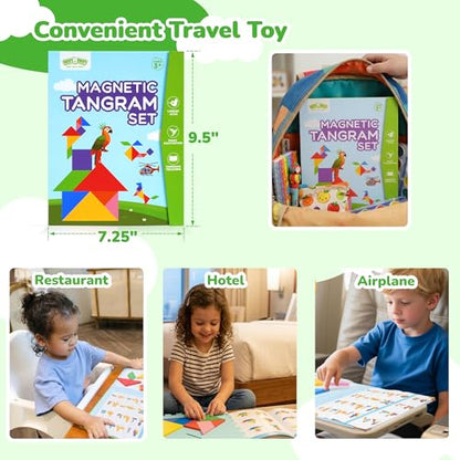 BenBen Travel Tangram Puzzle with Magnetic Wooden Shapes for Kids 4-8 8-12 | Extra Large Dual-Sided Magnet Surface, Color Pattern IQ Book, Road Trip Car Plane Game, Educational STEM Toys for Kids Adults - style: 7 Pieces Blocks