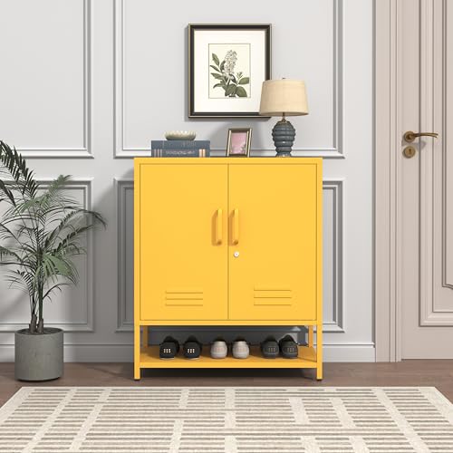 Wide 3-Tier Metal Shoe Storage Cabinet, Multifunctional Household Shoe Organizer with Adjustable Shelves for Home & Entryway Yellow 33" H X 29.5" W X 13.8" D - color: Mustard, style: Cabinet-33"H-AP