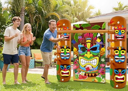 2 Sets Hawaiian Luau Party Decorations – Summer Tiki Theme Inflatable Limbo with Toss Game Set for Adults, Pool Party, Tropical Beach Birthday Accessories
