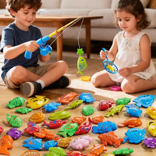 Magnetic Fishing Game Toys for Kids Toddlers 3-5 4-8, Water Table Bathtub Toys with Pole Rod Net & Fish, Water Bath Pool Outdoor Fishing Toys for Kids Toddlers Baby Boys Girls Age 3 4 5 6 7 8 Year Old - style: 2 rods 2 nets 35 fish