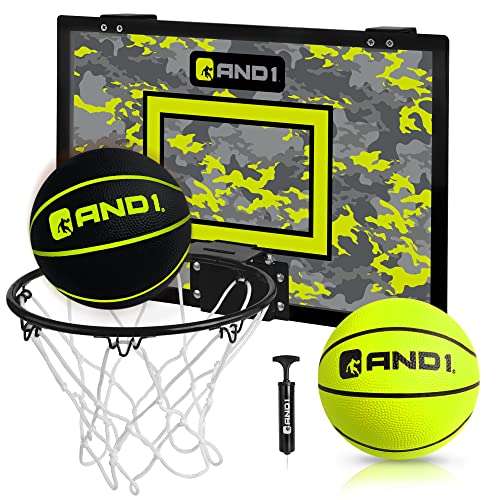 AND1 Over the Door Mini Basketball Hoop: 18x12 Shatterproof Backboard, 2 Mini Basketballs, and Hand Pump Included- Ultimate Indoor Basketball Accessory for Kids and Adults, No Tools Required - color: Black\Volt, style: Mini Hoop / Two Balls