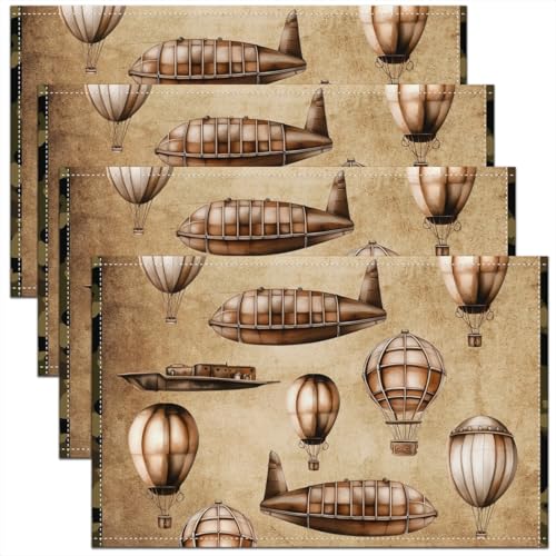 Erosebridal Retro Airplane Placemats 12X18 Inch Set of 4,Vintage Hot Air Balloon Place Mats for Kids Boys Children Teens,Aircraft Carrier Waterproof Placemats for Dining Patio Table Kitchen Decor - color: Brown White