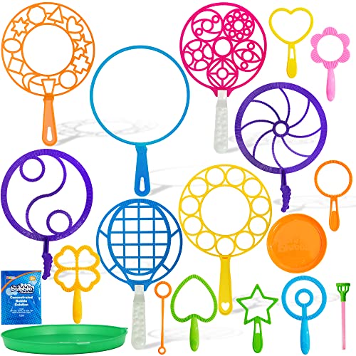 JOYIN Big Bubble Wands Set Bulk for Kids Summer Outdoor Toy Game Activity Party Favors, 18 Pcs Giant Bubble Maker with Tray, 12" Large, 6 Pcs Solution Suitable for All Age People - style: Assorted