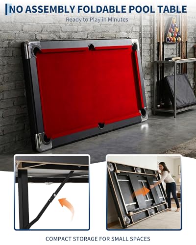 7FT Folding Pool Table for Adults & Famil, Portable Billiards Table Set with Full Accessories, Includes Balls, 2 Cue Sticks, Chalk, Felt Brush, for Home, Basement, Man Cave, Red