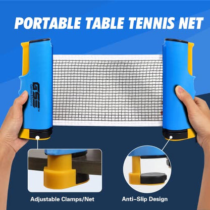 GSE Games & Sports Expert Adjustable Retractable Ping Pong Net Set & Post. Professional Table Tennis Rackets and Balls, Net with Posts and Storage Bag - Pingpong Paddle and Game Table Accessories. | Adjustable - color: Blue Net