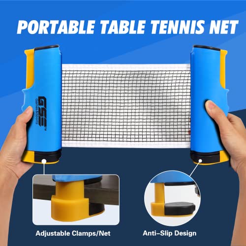 GSE Games & Sports Expert Adjustable Retractable Ping Pong Net Set & Post. Professional Table Tennis Rackets and Balls, Net with Posts and Storage Bag - Pingpong Paddle and Game Table Accessories. | Adjustable - color: Blue Net